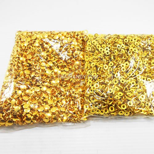 ตะปูย้ำหน้าเดียว หน้ากว้าง 8 มิล ขนาดขายาว 8 mm  บรรจุ 2000 ชุด สีทอง รูปเต็ม