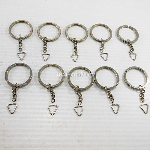ห่วงพวงกุญแจแบนหนา พร้อมโซ่ข้อต่อสามเหลี่ยม ขนาด 2.5 cm  บรรจุ 10 อัน สีนิเกิ้ล รูปเต็ม