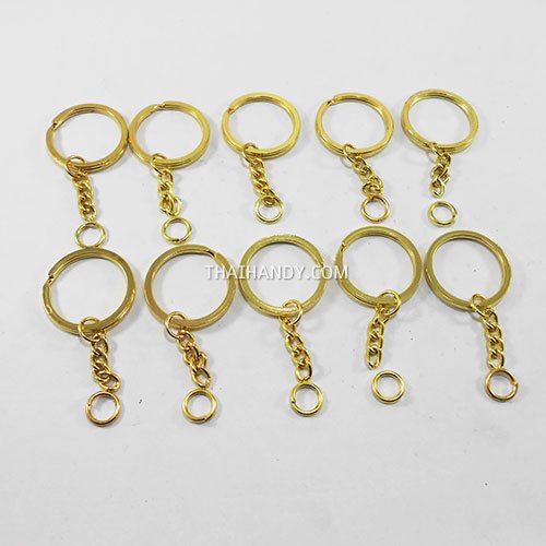 ห่วงพวงกุญแจแบนหนา พร้อมโซ่ข้อต่อกลม ขนาด 2 cm  บรรจุ 10 อัน สีทอง รูปเต็ม