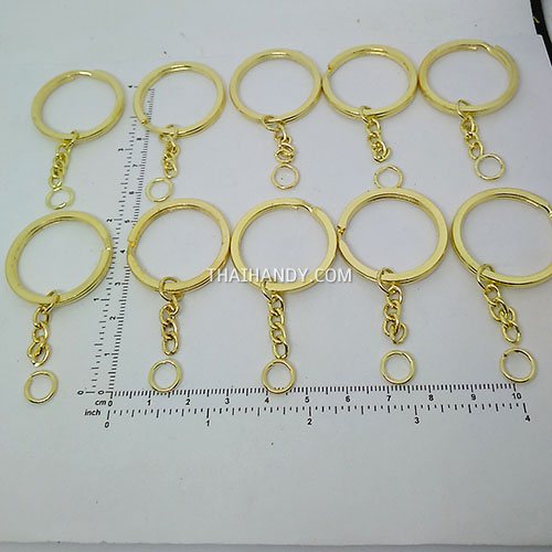 ห่วงพวงกุญแจแบนหนา พร้อมโซ่ข้อต่อกลม ขนาด 2.5 cm  บรรจุ 10 อัน สีทอง รูปเต็ม